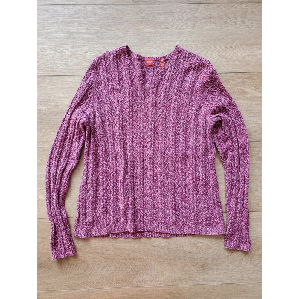 Valerie Stevens Womens Magenta Pink Cable Knit Cotton V-Neck Sweater L